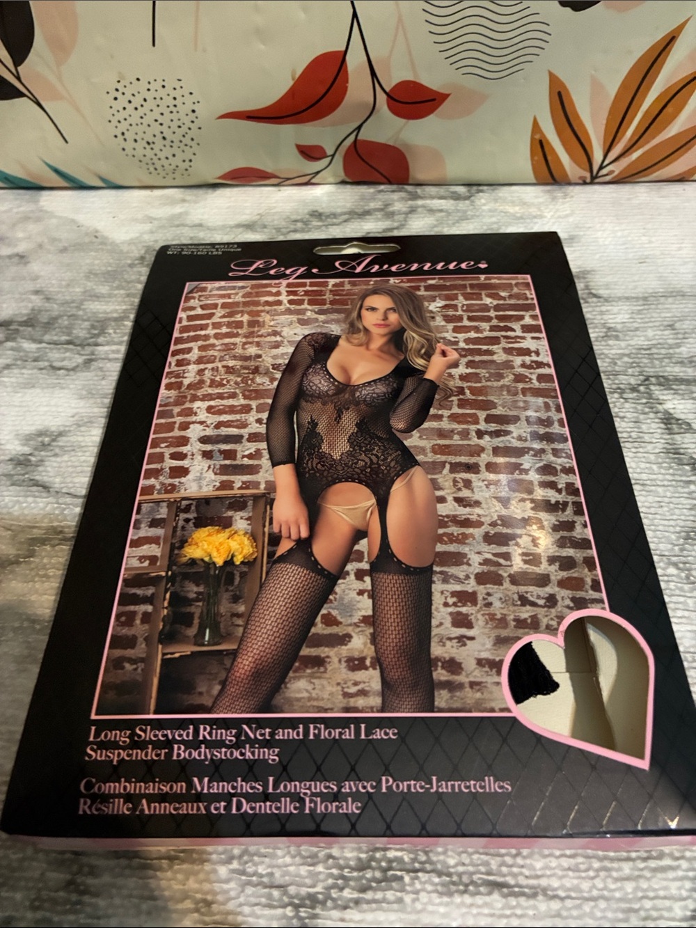 Leg Avenue Black Long-Sleeve Floral Lace Suspender Bodystocking